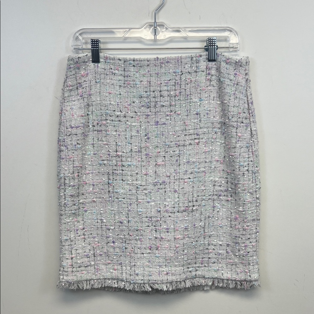 Elle Pink Blue Grey White Tweed Eyelash Trim Sophisticated Pencil Skirt Size 6